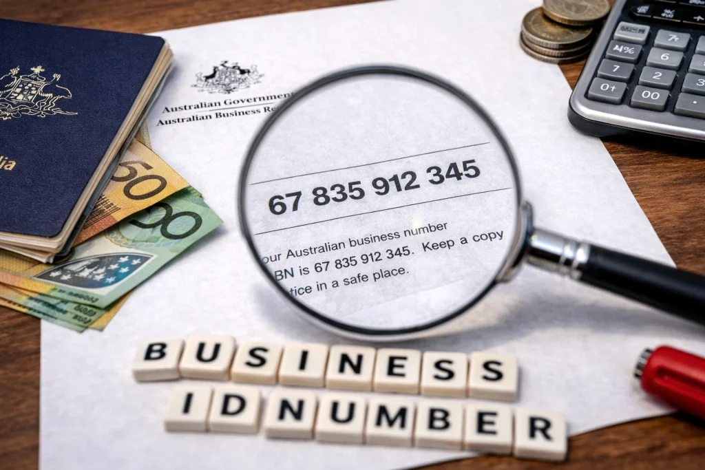 ABN Registration Process 11-digit ABN on form with magnifying glass and Australian money.
