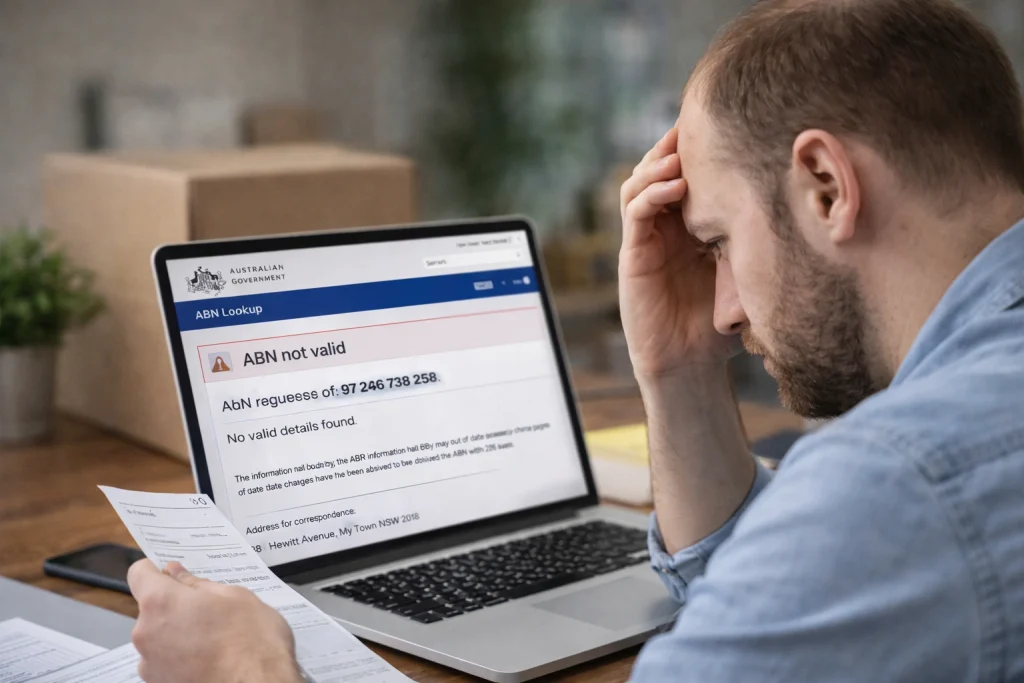 ABN Registration Process Man at home office checking laptop with ‘ABN not valid’ message.